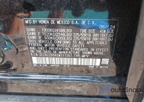 2025 Honda Hr-V Awd Sport z USA, uszkodzony, nr VIN 3CZRZ2H56SM711267